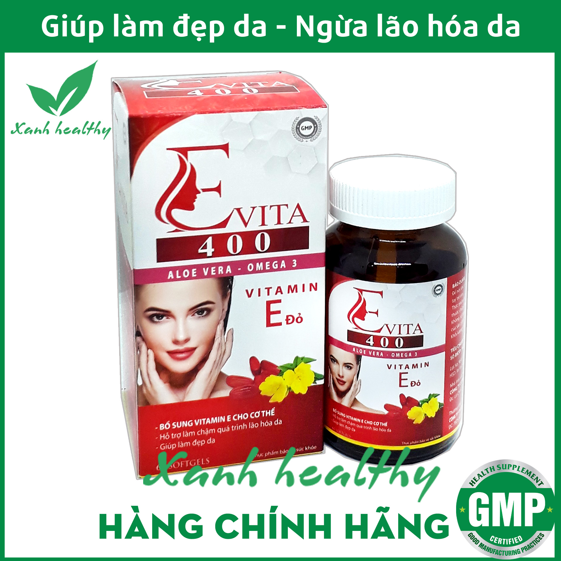 Viên uống Vitamin E đỏ Evita 400 kết hợp Cao lô hội, omega 3 - Giảm khô da, nhăn da, ngăn ngừa lão hóa, cấp ẩm da tối ưu giúp da sáng mịn- Hộp 60 viên