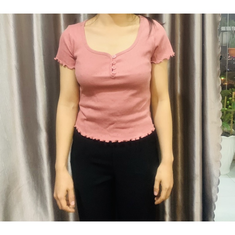 Áo thun len tăm nữ cổ V phối cúc Vnxk.