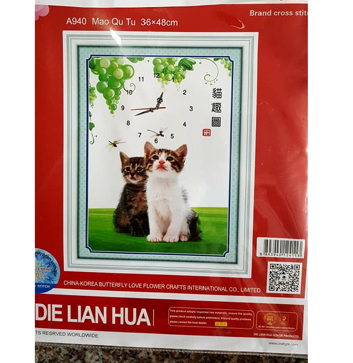 [HCM]Tranh thêu con mèo có đồng hồ  A940