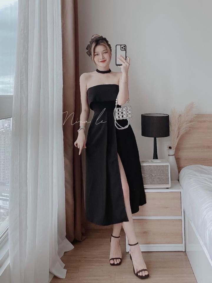 Váy đầm nữ cúp ngực (có mút) xếp ly eo xẻ tà (có lót quần, kèm vòng cổ) cực đẹp
