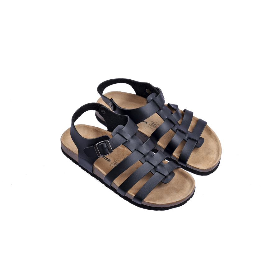 Giày Sandal đế trấu unisex chiến binh da pu đen