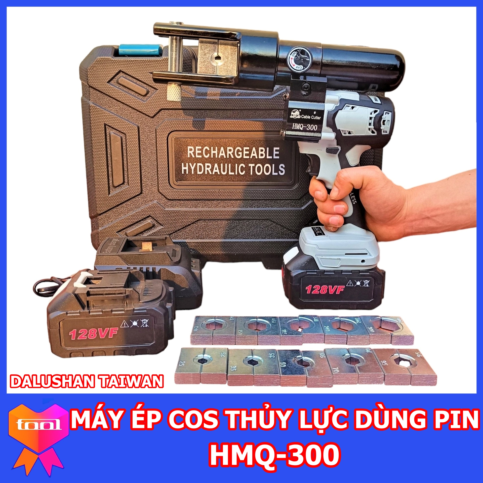 Kìm ép cos thủy lực dùng pin HMQ-300 , ép từ 16 đến 300mm2 , chuyên dụng cho thợ công trình , made in taiwan