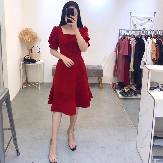 Đầm đỏ đuôi cá NÚT BỌC cổ vuông - Đầm nữ dự tiệc dạo phố dễ thương