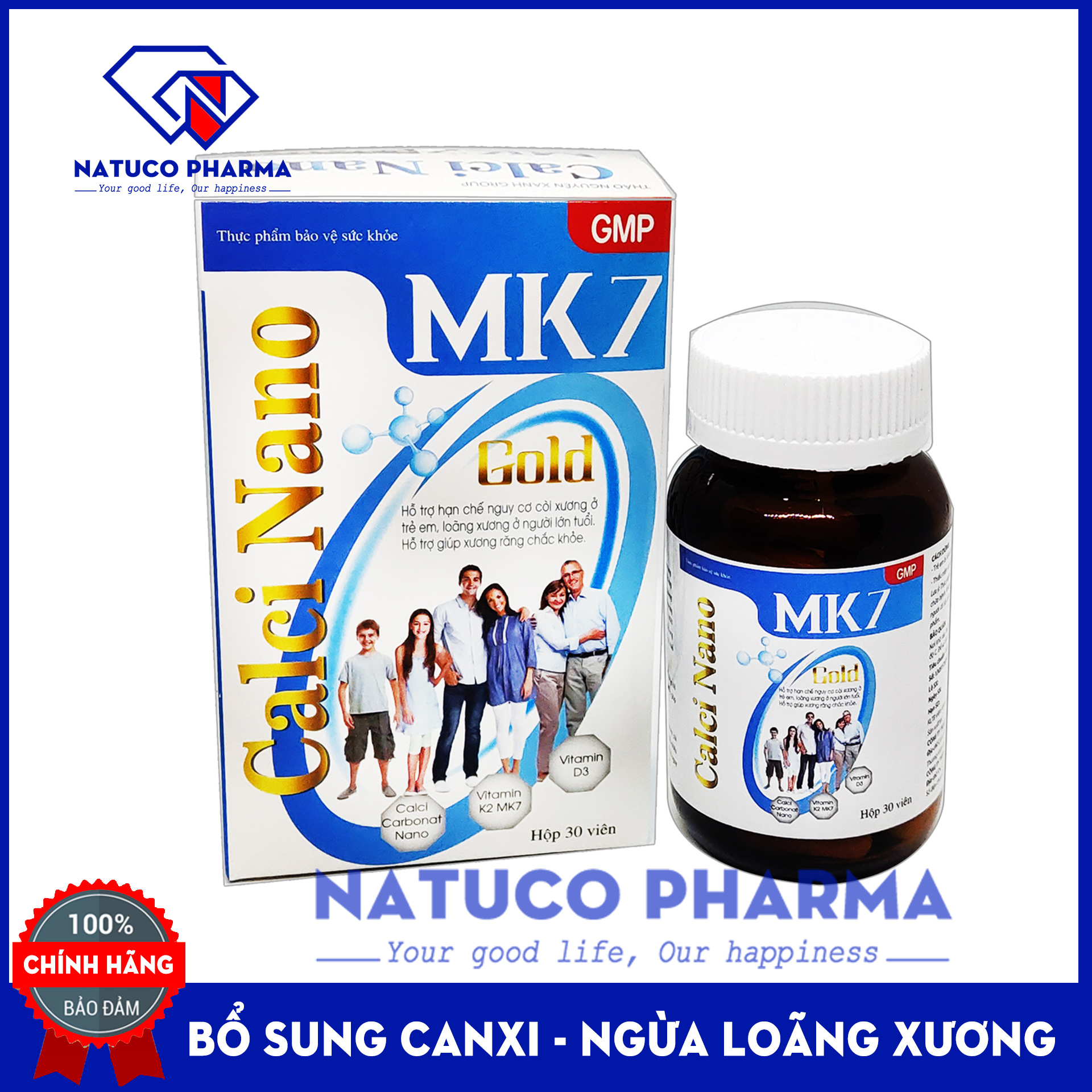 Viên uống Bổ sung Canxi Nano MK7 Gold tăng chiều cao, phát triển hệ xương, chắc khỏe xương và răng, giảm loãng xươn dùng cho phụ nữ mang thai và cho con bú, người lớn, trẻ trên 6 tuổi- Hộp 30 viên chuẩn GM hàng chính hãng