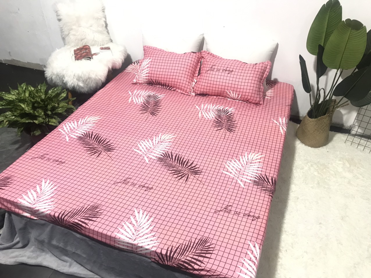 Set Ga Gối Mẫu Lá Cọ Hồng CHM3