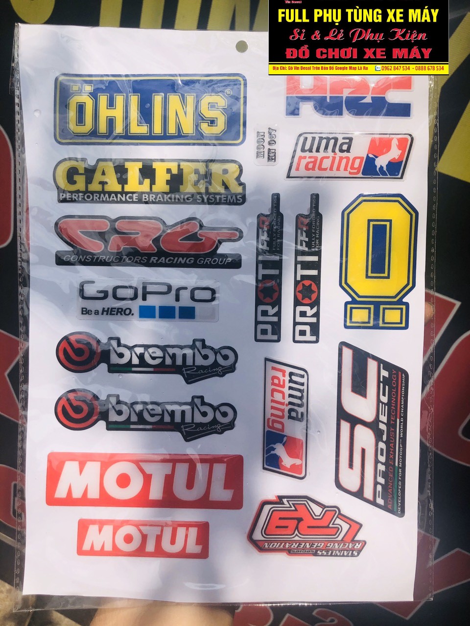 Tấm Tem dán xe chữ Ohlins,HRC MOTUL lớn nhỏ vvv mã HN 067