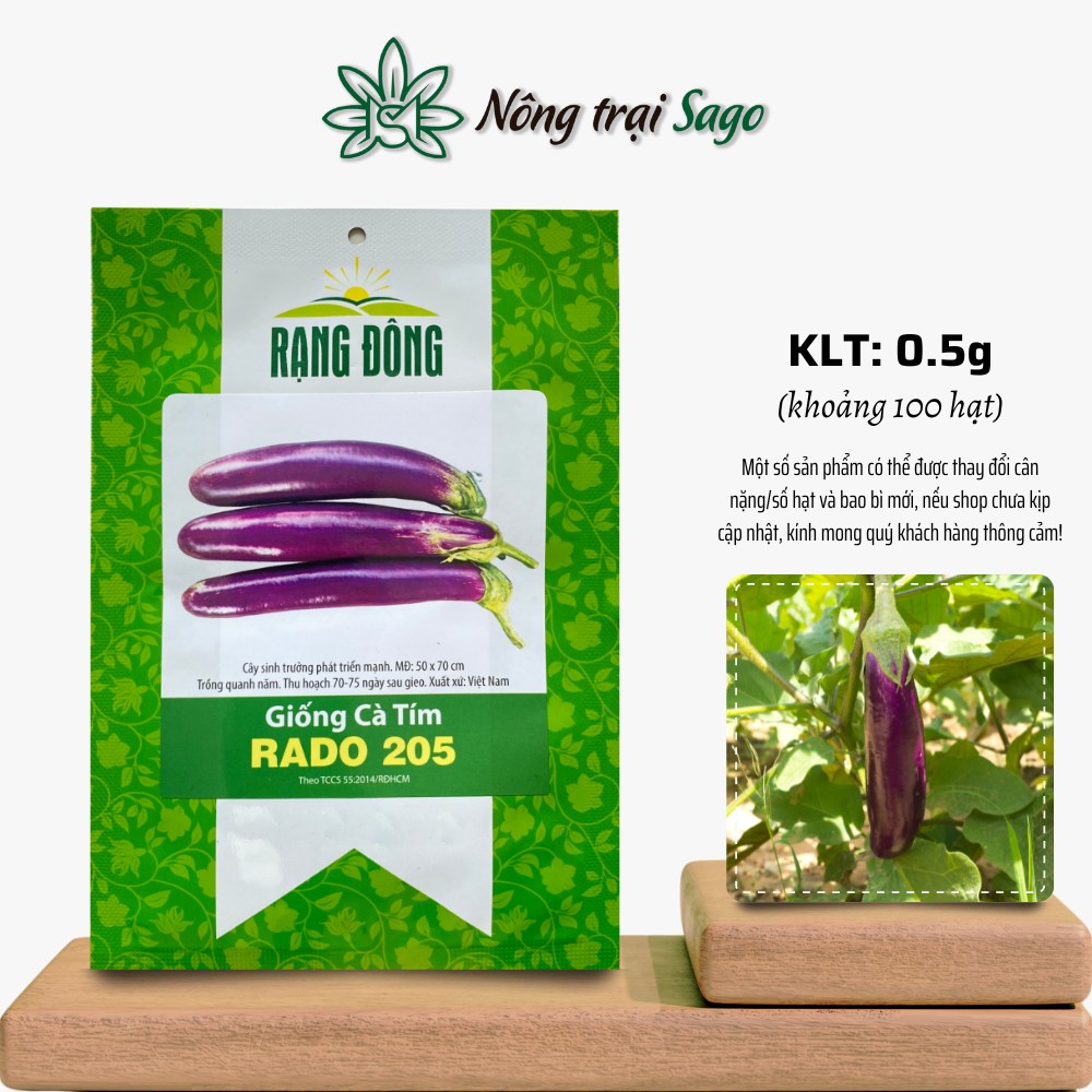 Hạt giống Cà Tím Rado 205 (0,5g~100 hạt) nảy mầm tốt, sinh trưởng khỏe, dễ chăm sóc, trồng quanh năm, hiệu Hạt giống Rạng Đông - Nông Trại Sago