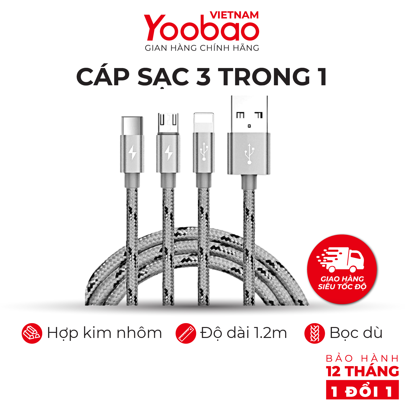 Dây cáp sạc 3in1 yoobao yb-453 vỏ bện nylon dài 1.2m - hàng chính hãng - bảo hành 12 tháng