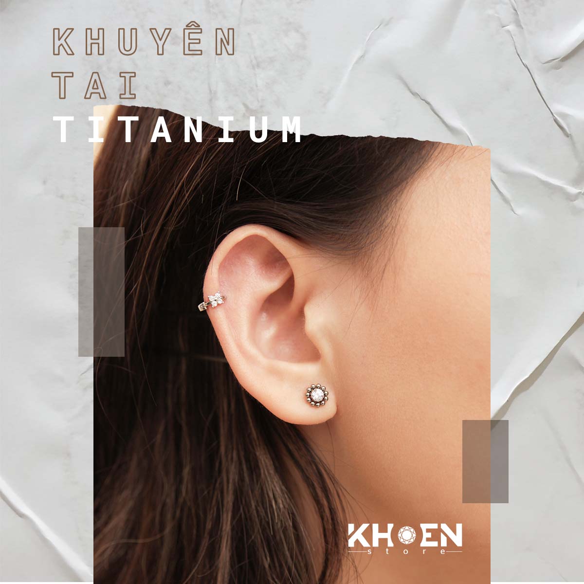 (1 chiếc) Khuyên Đá Tròn hoa văn - Titanium - Khoen Store