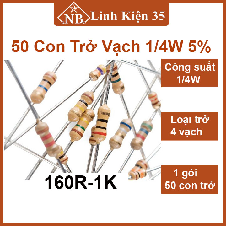 Gói 50 con trở vạch 1/4w 5% giá trị điện trở 160r → 1k