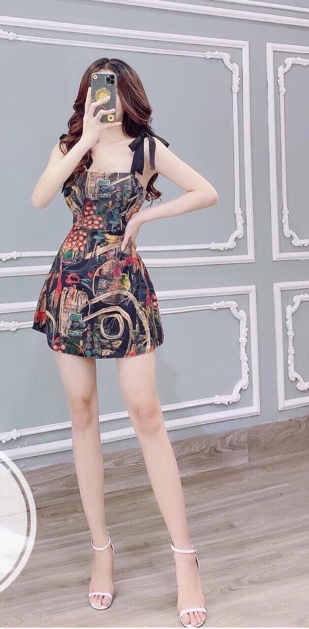 Đầm nơ hai dây họa tiết siêu xinh