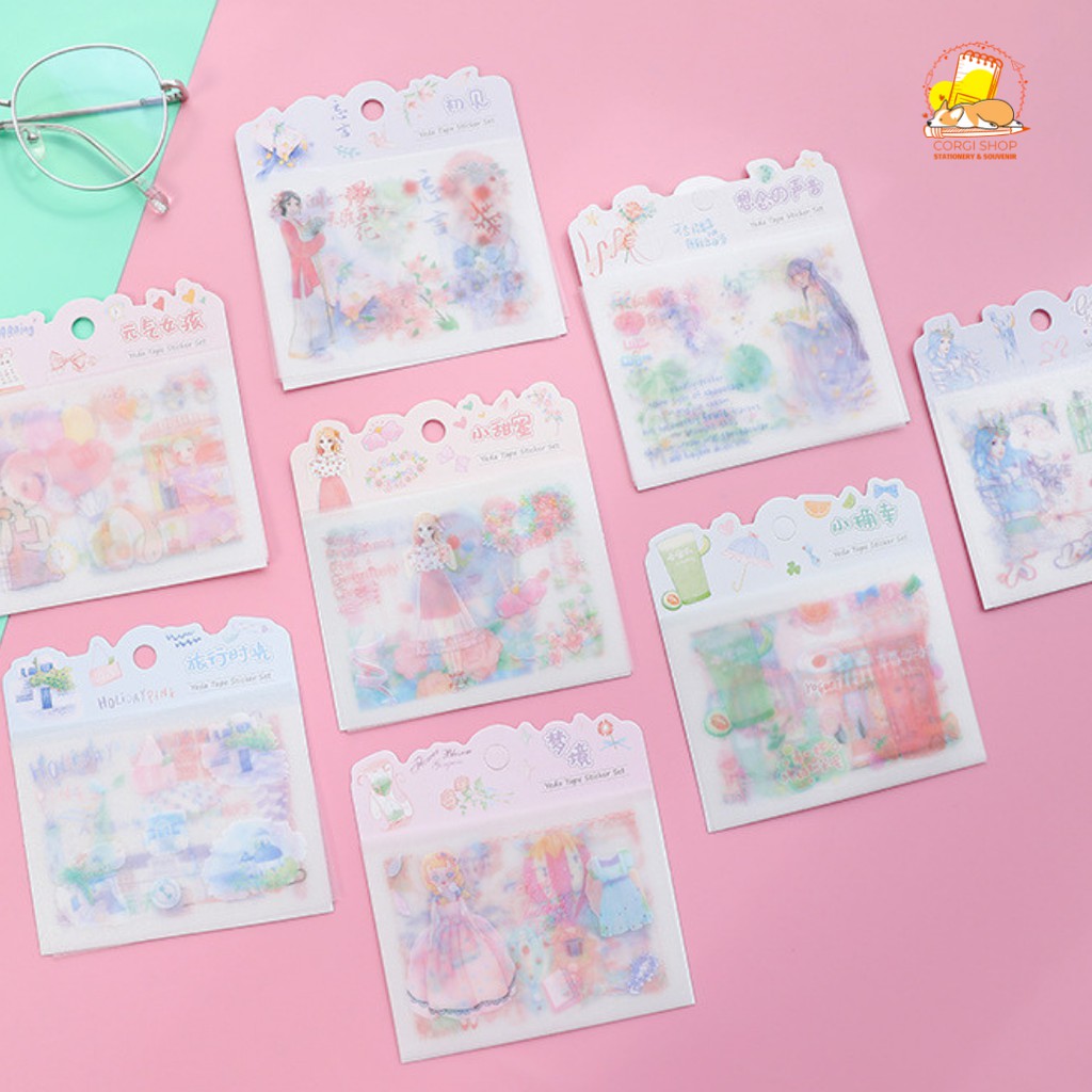 Set 4 tờ sticker dạng washi  đáo cô gái, công chúa hoạt hình dễ thương - Corgi Shop