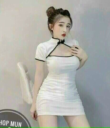 [Freeship]Đầm Body Cổ Tàu Hở Ngực nhún eo (Có Mút)