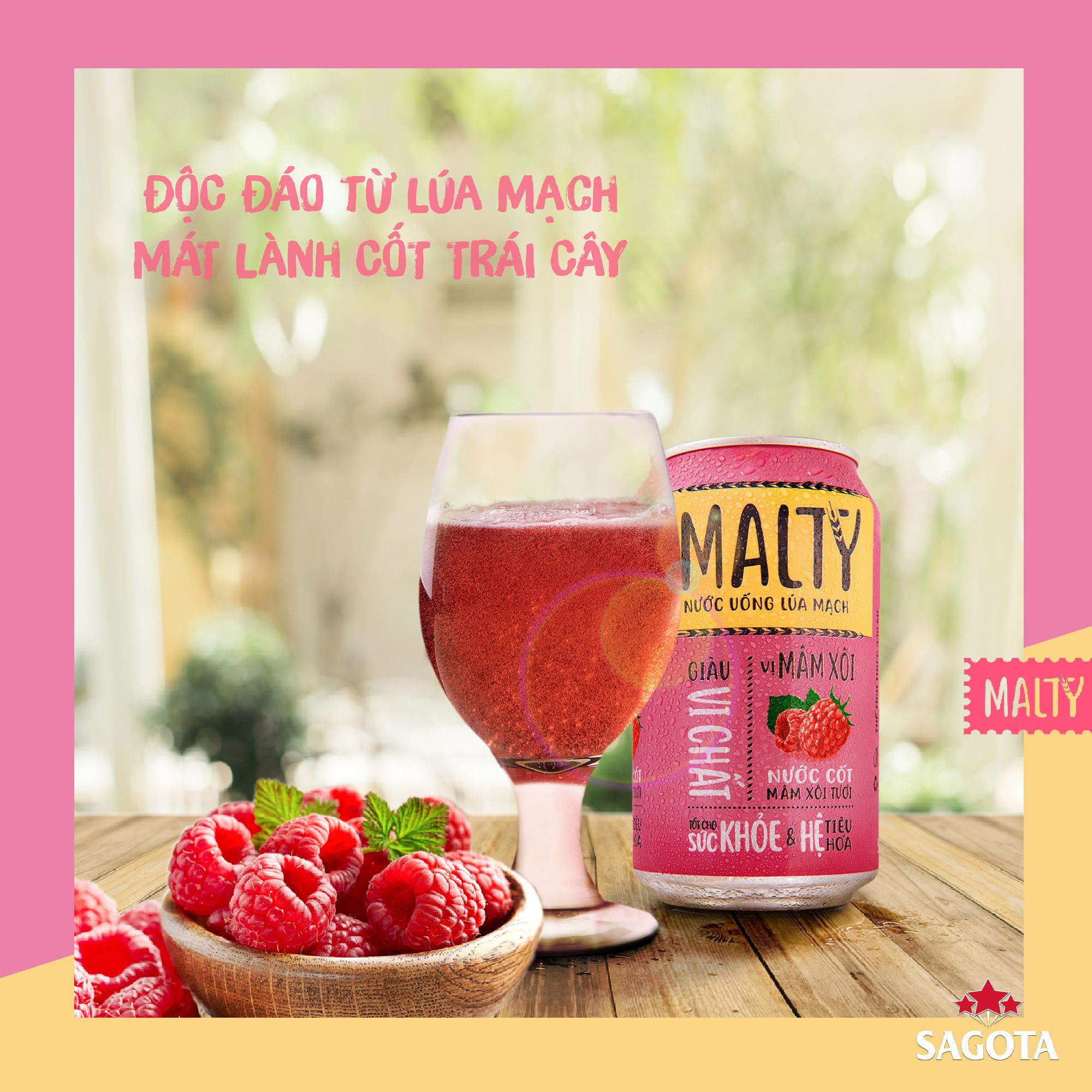 NƯỚC UỐNG LÚA MẠCH MALTY-VỊ MÂM XÔI (THÙNG 24 LON/330ML)