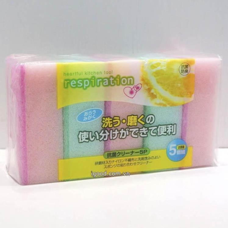 Set 5 miếng xốp rửa chén bát Nhật Bản có 1 mặt ráp