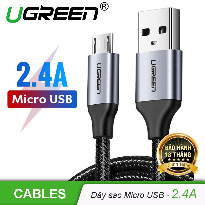Cáp sạc micro usb 2.0 dài 2m bọc dù sạc 2.4a qc3.0 ugreen 60148 sạc nhanh cao cấp