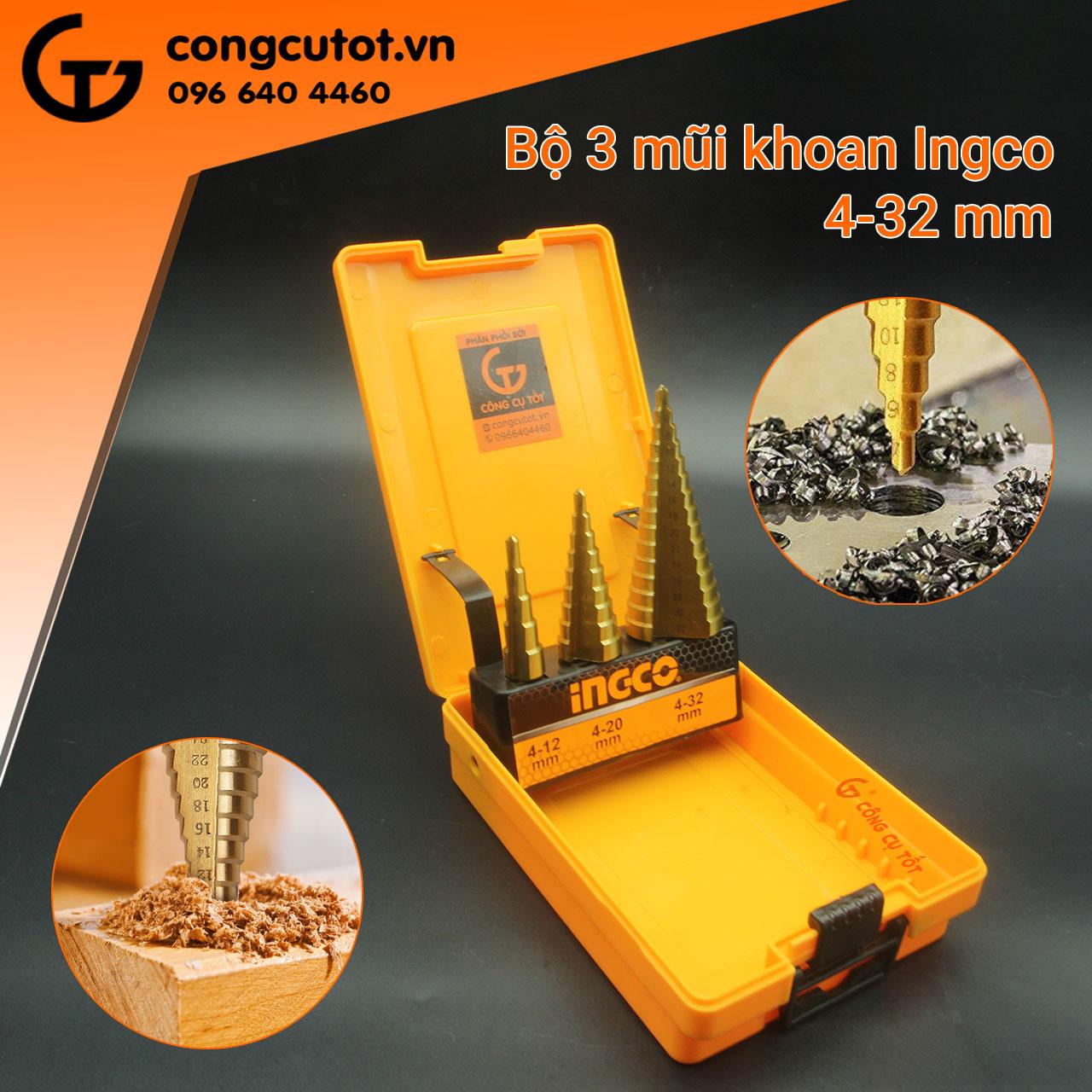Bộ 3 mũi khoan tháp chóp nón 4-32mm INGCO AKSDS0301