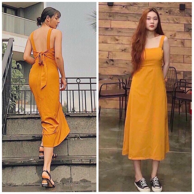 Đầm vàng nghệ nơ sau