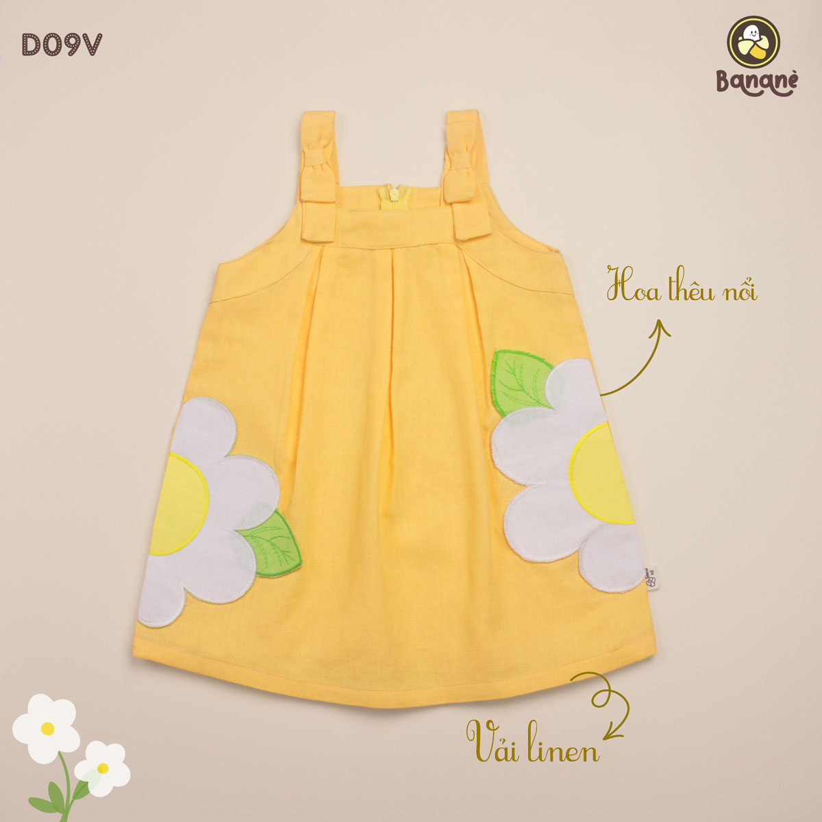Đầm bé gái - đầm linen vàng thêu hoa cho bé gái - banane kids - d09v- váy cho bé gái