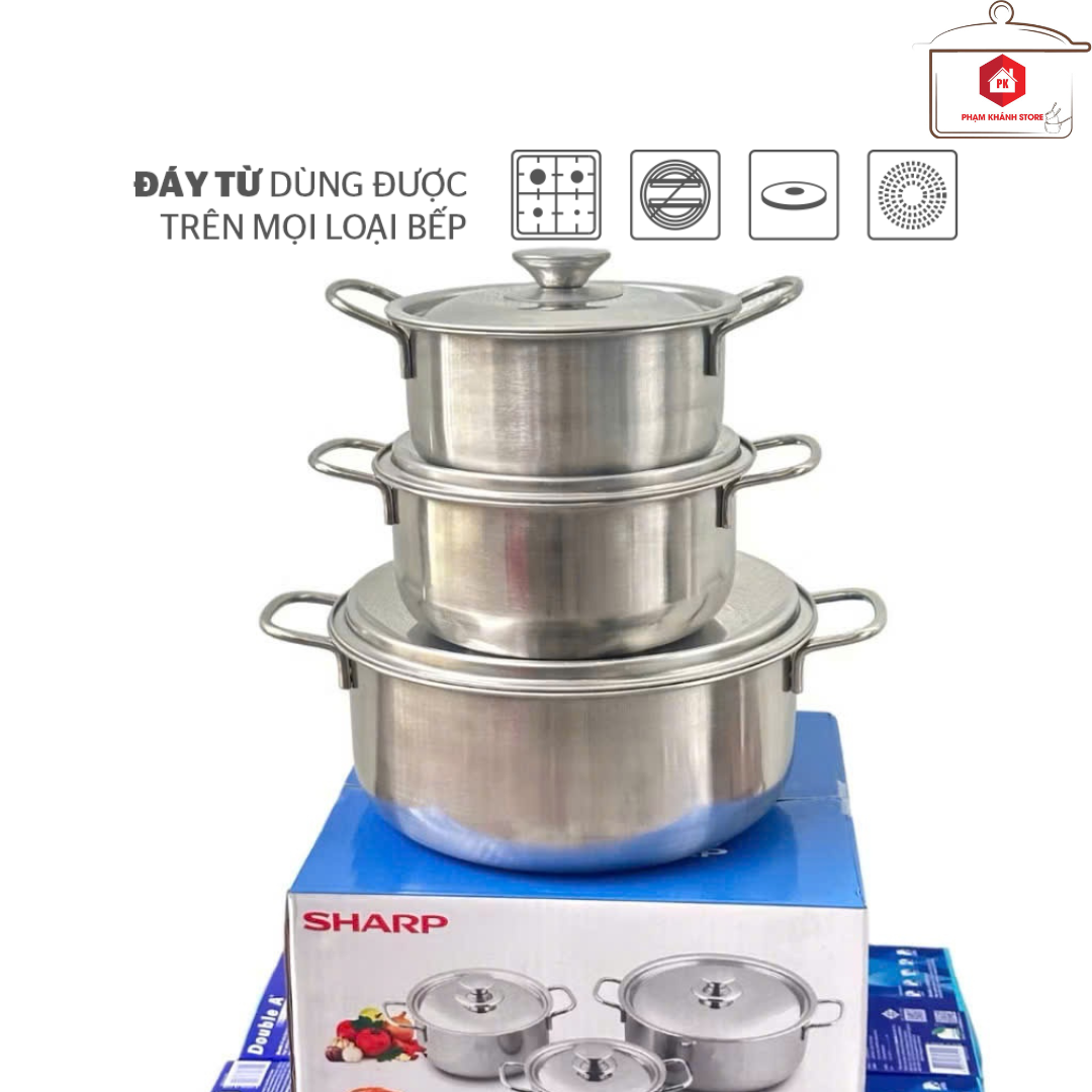 Set of 3 Sharp Stainless Steel Pots with 1 Bottom for Use with Induction Cookers
