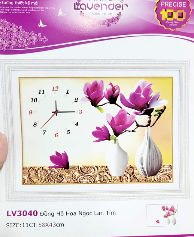 [HCM]Tranh thêu chữ thập bình hoa ngọc lan đồng hồ LV3040 - kích thước 58 * 43