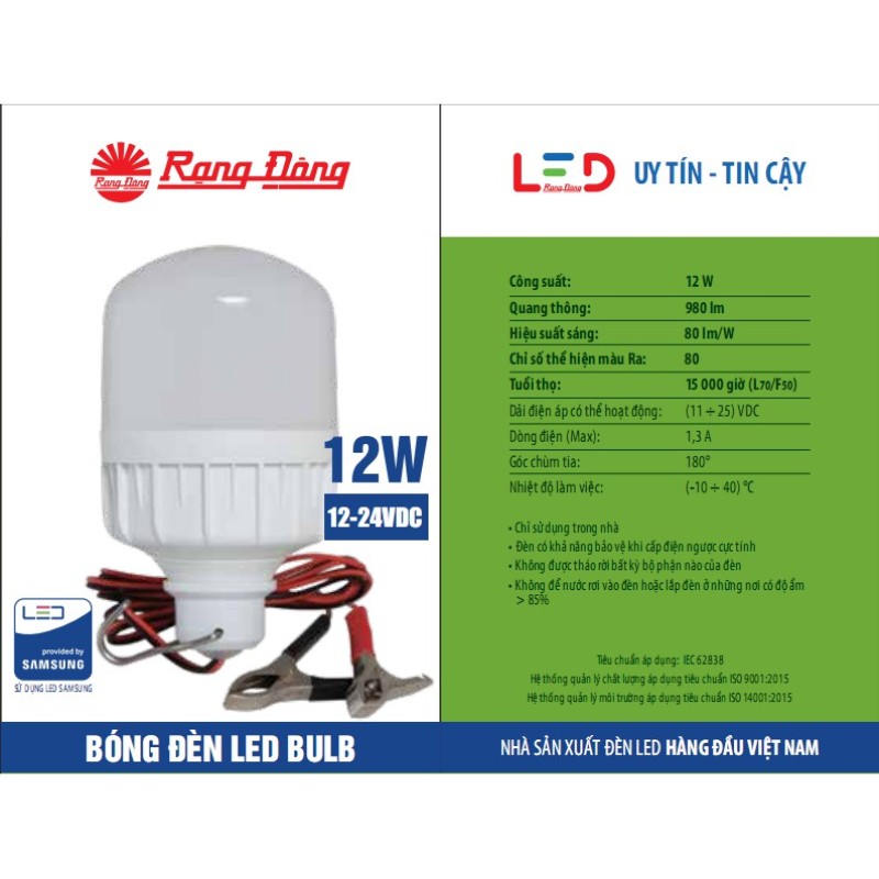 Bóng Đèn LED Kẹp Bình Ắc Quy 12V - 24V Công suất 7- 12W Rạng Đông, ChipLED Samsung