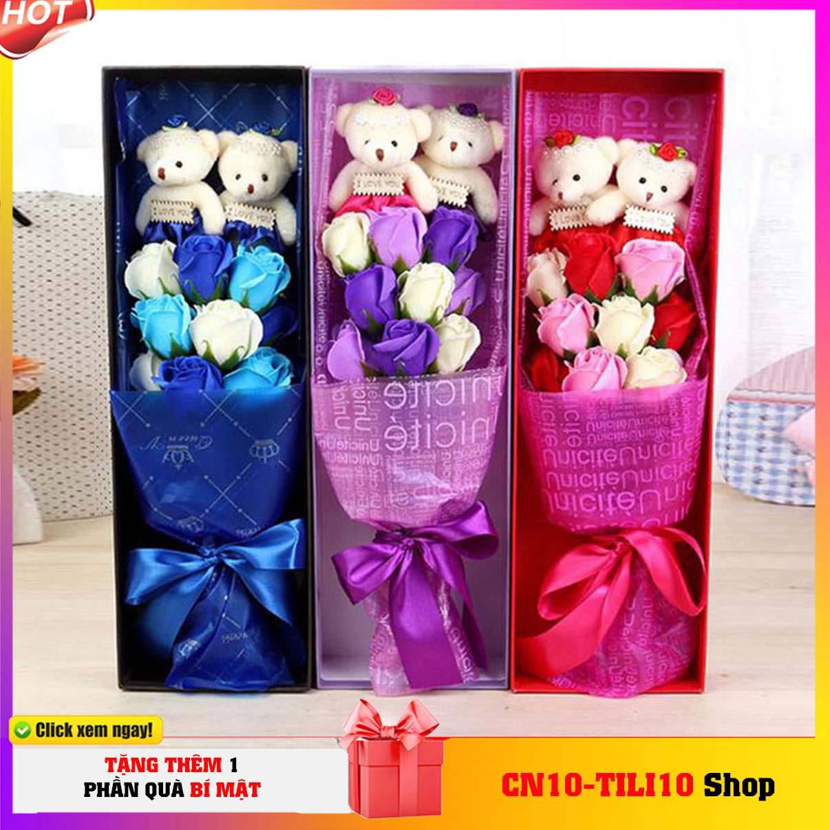 Hoa hồng sáp vĩnh cửu 12 bông có gấu .