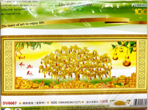 Tranh thêu chữ thập 3d cây tiền vàng vinh hoa phú quý dv6067 kt:109x45cm