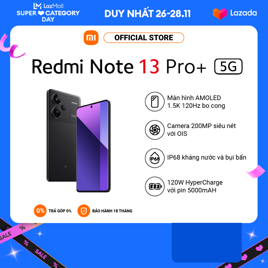 Điện thoại thông minh Redmi Note 13 Pro+ 5G (8+256GB) | Màn hình AMOLED 1.5K 6.67” | MTK D7200-Ultra | Camera 200MP OIS