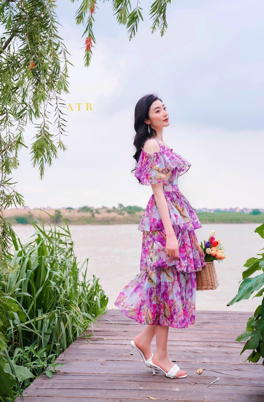 [HCM]Đầm  Nữ Hoa TÍM Tầng Cổ  bèo Tiểu Thư Che Khuyết Điểm Cực Xinh LT
