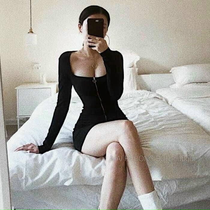 Đầm body hot trend hàn quốc cổ vuông tay dài phối dây kéo fashion cá tính ttsa0771