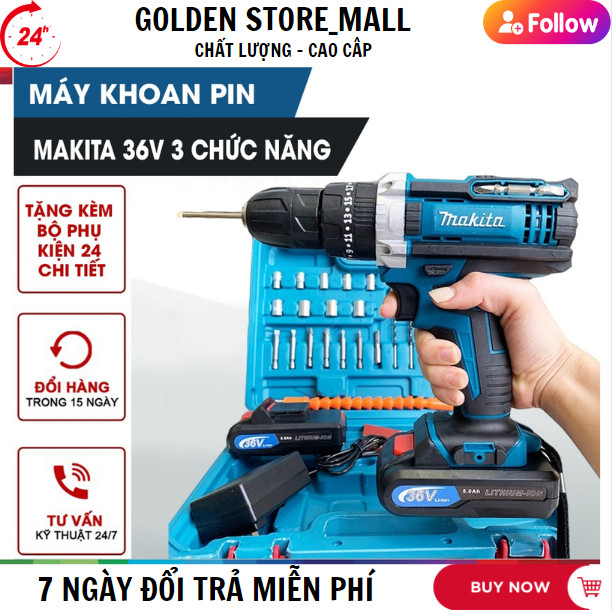 (New 2024) Máy khoan pin 36V Makita - Khoan Pin Makita 3 chức năng có búa - Tặng kèm 24 chi tiết gồm các mũi khoan + Mũi bắt vít - Bảo Hành 1 đổi 1