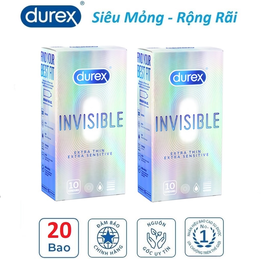 [HCM]Combo 2 hộp Bao Cao Su Durex Invisible Extra Lubricated 10s cực siêu mỏng mà vẫn rộng rãi thoải mái