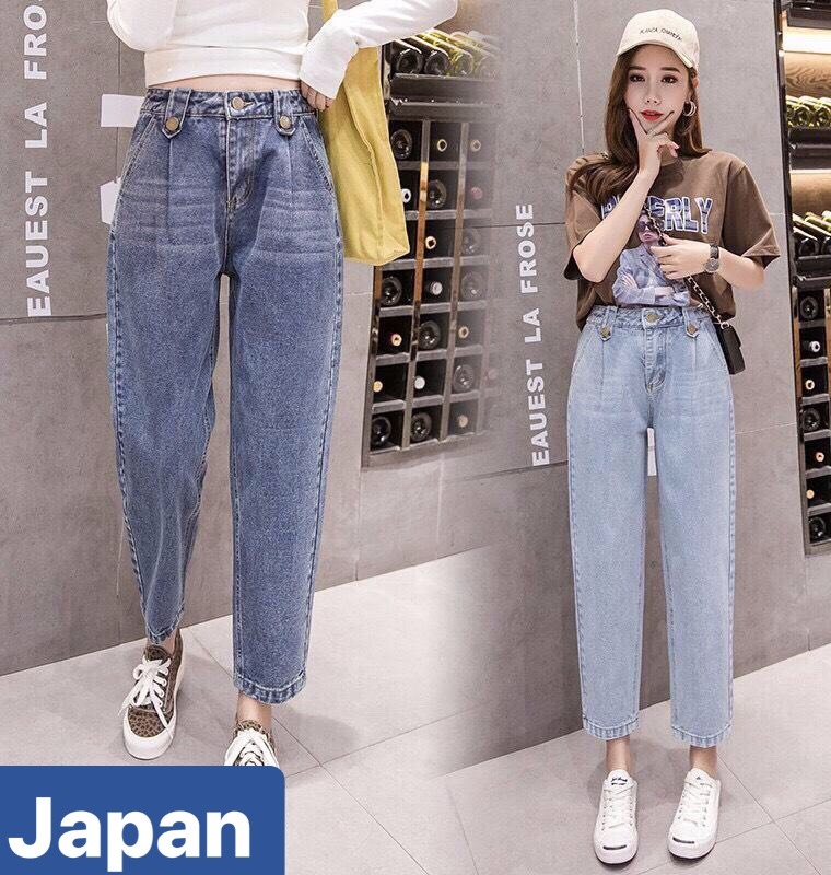 QUẦN BAGGY JEAN NỮ CHẤT BÒ XANH RÁCH IN CHỮ NHẬT BẢN LƯNG CAO NÂNG MÔNG NHẬT BẢN JP-188 JAPAN FASHION