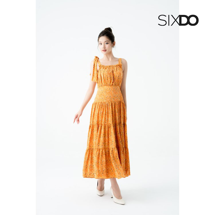 Đầm midi hoa lụa hai dây thắt nơ thời trang SIXDO (Orange Floral Strappy Midi Silk Dress)