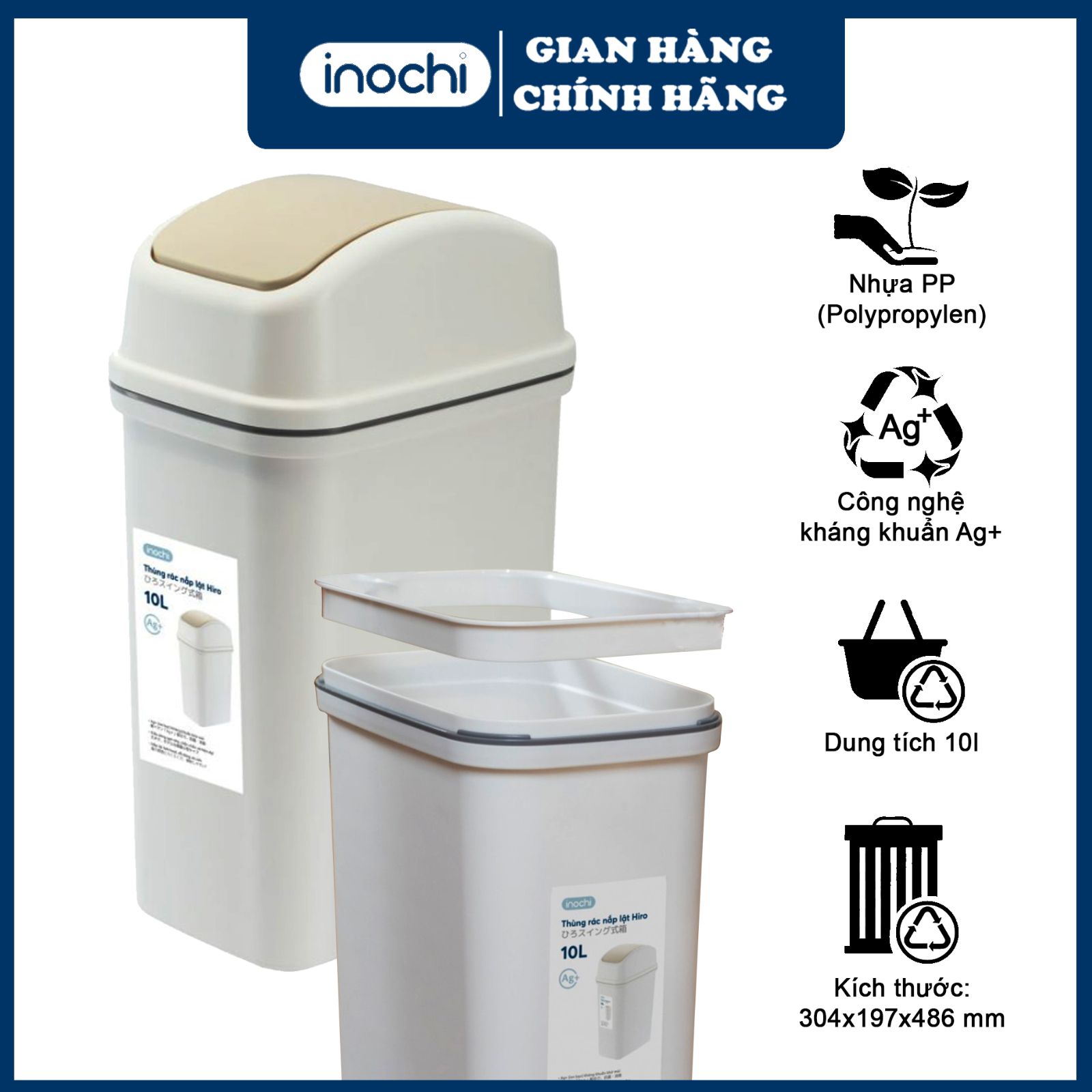 [CHÍNH HÃNG] Thùng Rác nắp lật 10 lít - sọt rác nắp lật thông minh dung tích 10l inochi chất liệu nhựa cao cấp phủ kháng khuẩn Ag+ khủ mùi dùng cho gia đình , phòng khách , phòng ăn , phòng bếp , nơi công sở