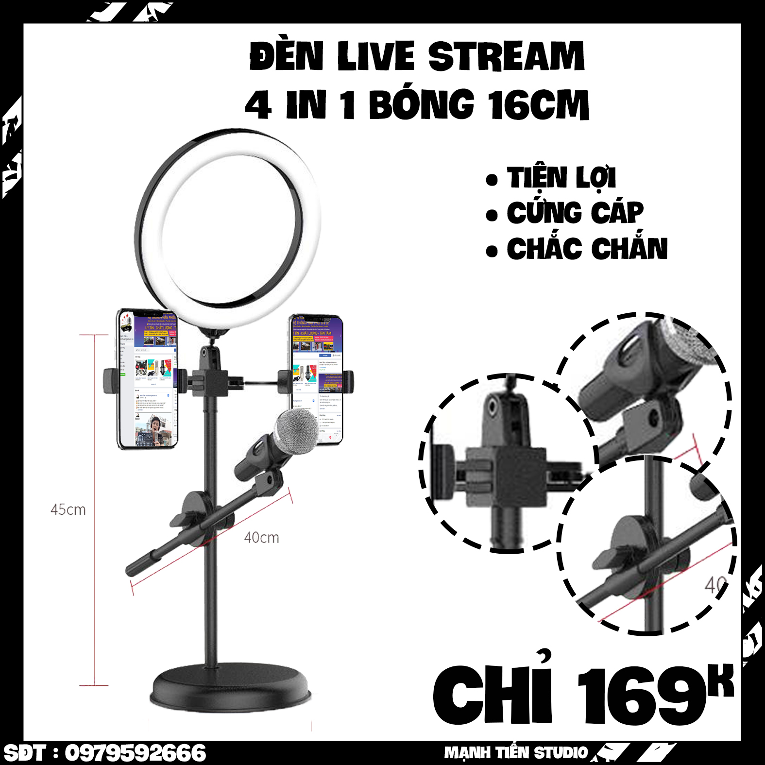 [Loại tốt bóng to 16cm kèm video ảnh thật] ĐÈN 4IN1 LIVESTREAM-Giá Đỡ Micro Hát - Giá Đỡ Điện Thoại - Đèn Led chuyển màu bảo hành 12 tháng