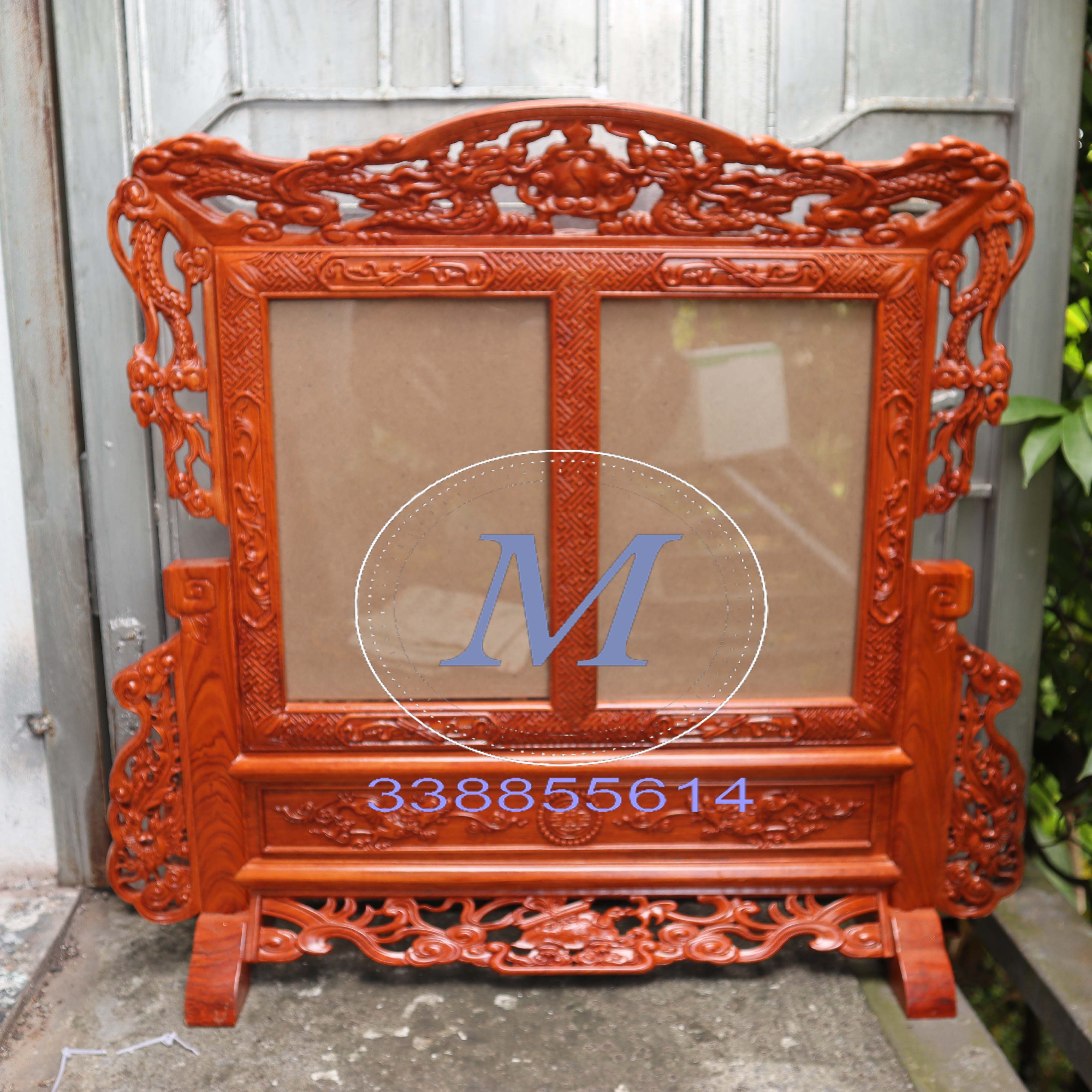 Khung ảnh thờ tứ linh đôi gỗ hương,2 hình thờ gia tiên