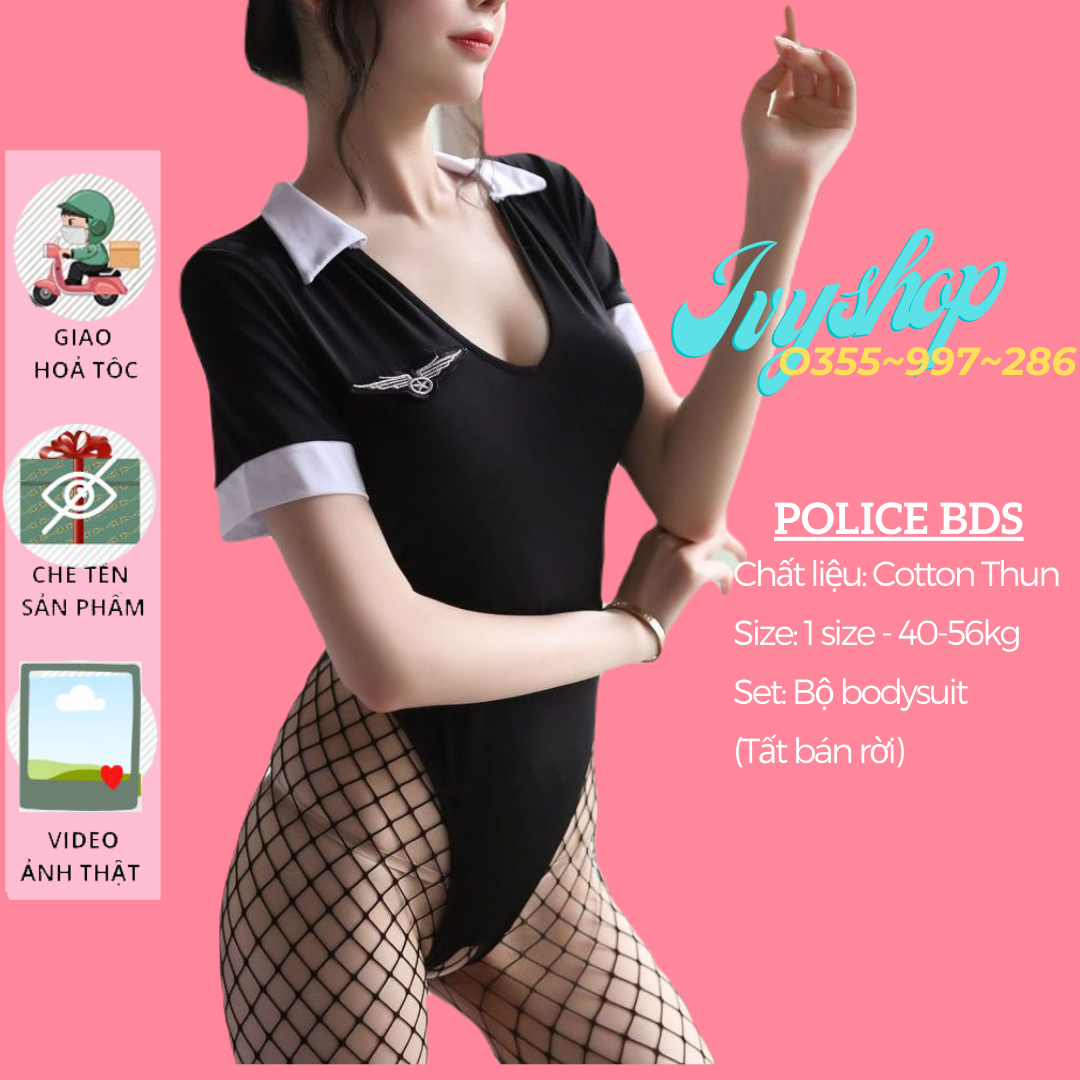 Bộ đồ ngủ cosplay sexy bodysuit siêu gợi cảm - Không tất -  [Ảnh thật shop tự chụp], Bộ đồ ngủ 1 mảnh cosplay P0lice Bodysuit (2 màu - xanh, đen)