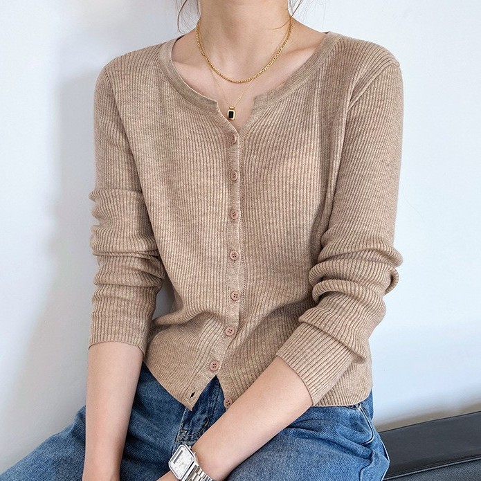 ÁO LEN CARDIGAN CÀI CÚC (GÀI NÚT) TAY DÀI NỮ CỔ THUYỀN DÁNG NGẮN TRƠN ĐƠN GIẢN