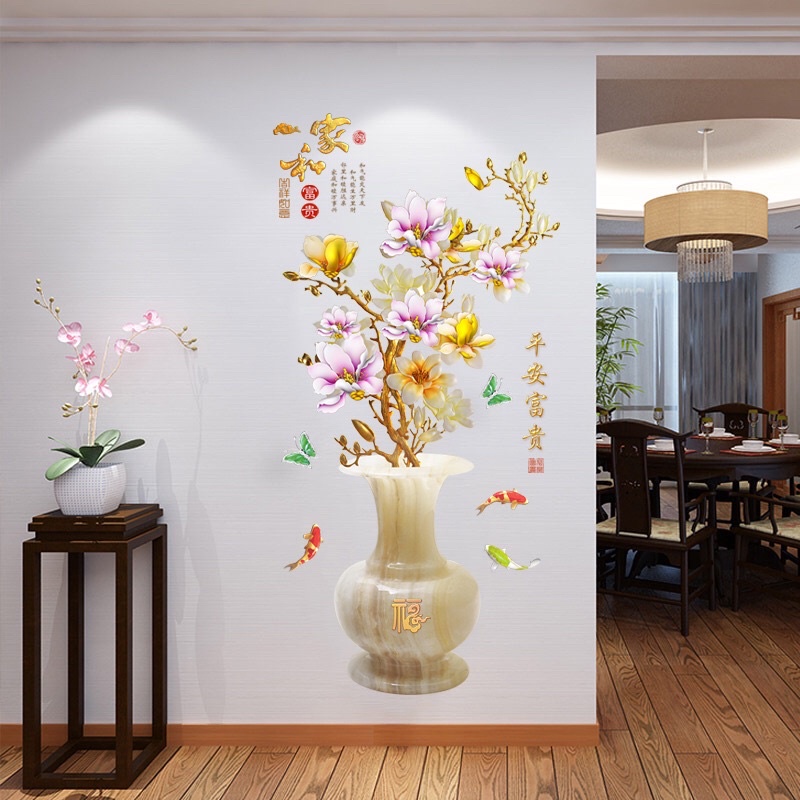 Decal dán tường trang trí phòng khách bình hoa ngọc