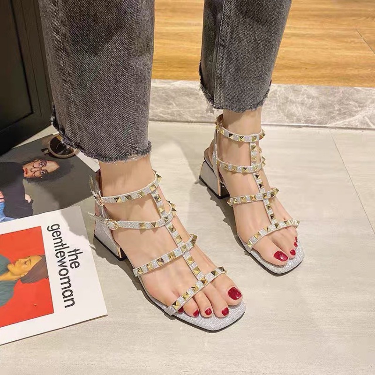 Sandal cao gót nữ đính đinh