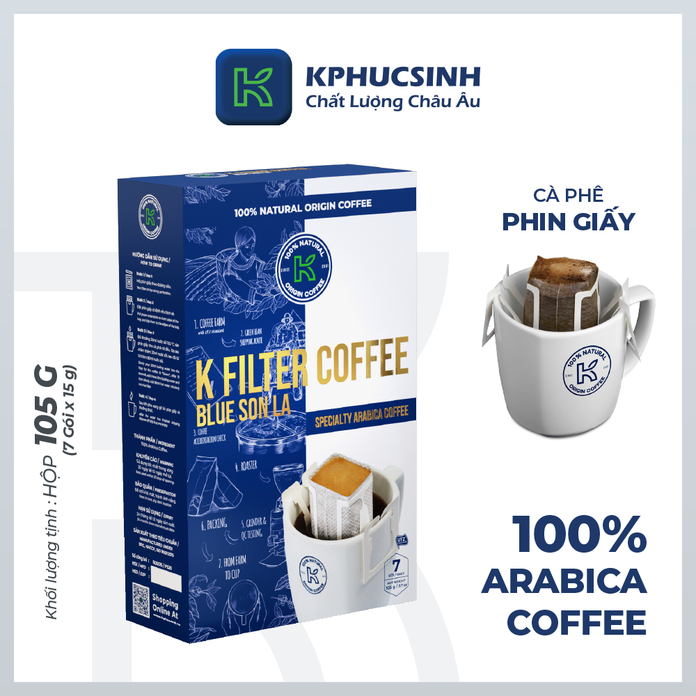 Cà Phê Phin Giấy K Coffee Filter BLue Sơn La 100% Arabica Hộp 7 gói x 15g