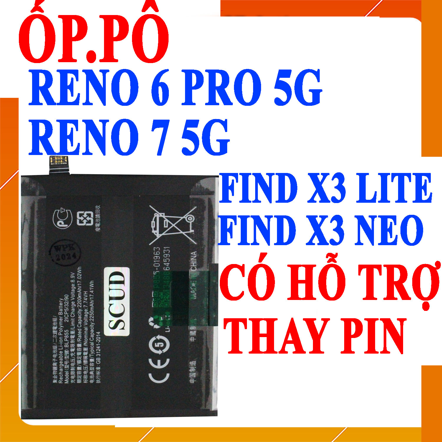 Pin scud cho oppo reno 6 pro 5g/reno 7 5g/find x3 lite/find x3 neo blp855 blp863 dung lượng 4450mah