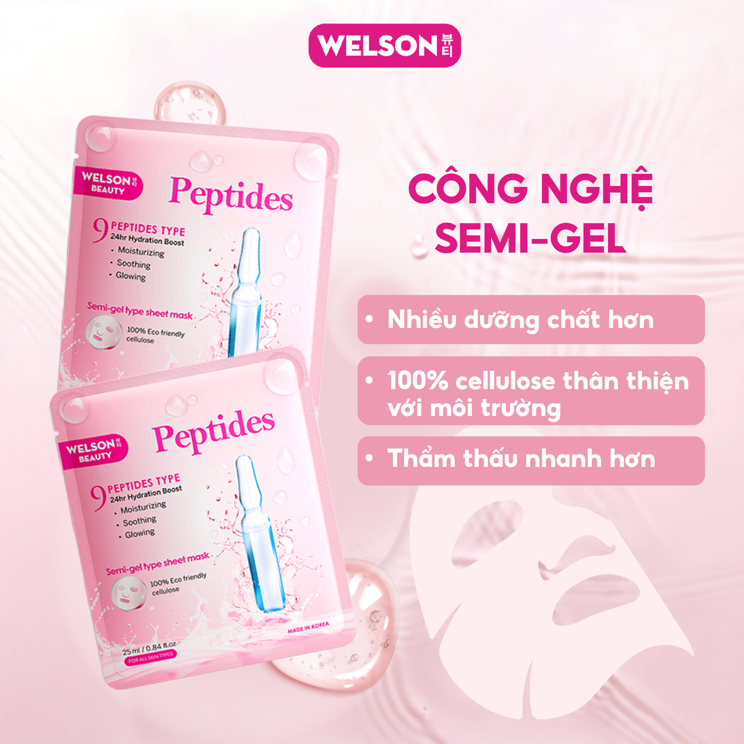 [H&B GIFTS] 3 Miếng Mặt Nạ Dưỡng Ẩm Hàn Quốc Công Nghệ Semi Gel, Mask Cấp Ẩm Phục Hồi Da Welson Beauty Peptides
