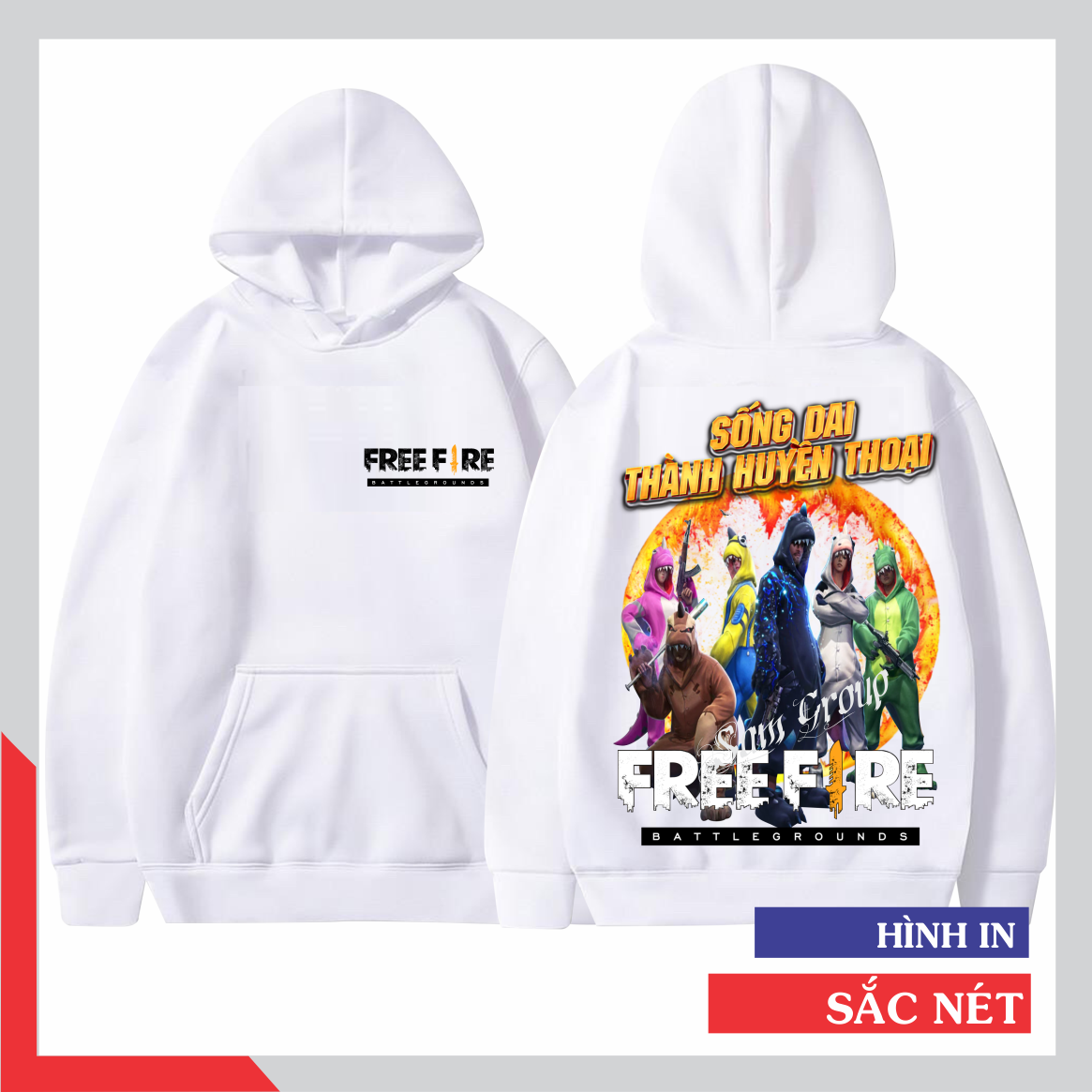 Áo Hoodie Free Fire Màu Trắng Nỉ Dầy Dặn Khủng Long