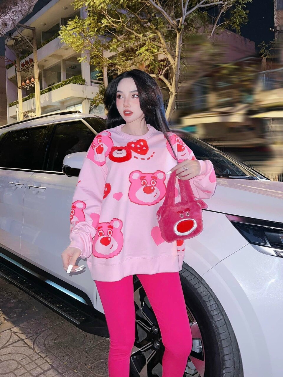 Set bộ đồ nữ áo thun hồng gấu kèm quần legging dài ấm áp, Set đồ nữ áo dâu kèm gấu cổ trò tay dài phối quần legging dễ thương, Set đồ áo dài tay thêu gấu kèm quần dài