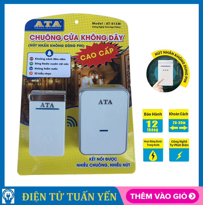 Chuông cửa ATA AT-915M không dây cao cấp, nút nhấn không cần dùng pin, chống nước - Hàng chính hãng