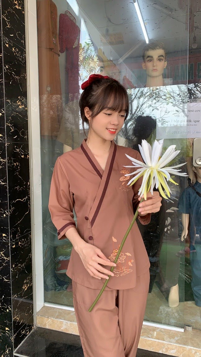 Đồ lam đi chùa nữ, đồ phật tử mẫu tim viền