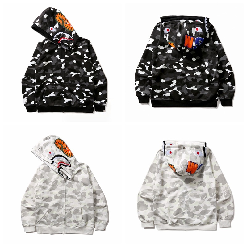 Áo nỉ hoodie zip bape họa tiết cá mập mũ 2 lớp có mũ trùm đầu, áo khoác bape cá mập